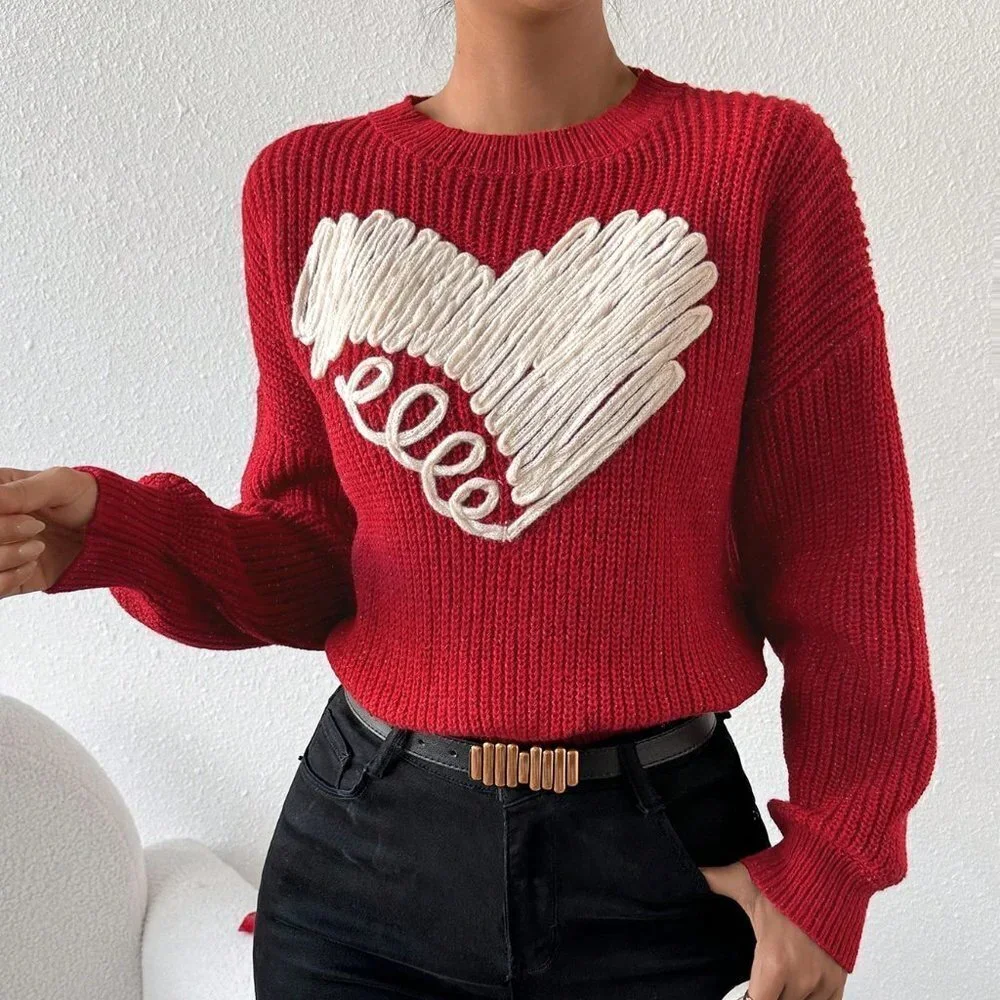Red Casual Womens Love Heart Patchwork Drop Shoulder Sweater